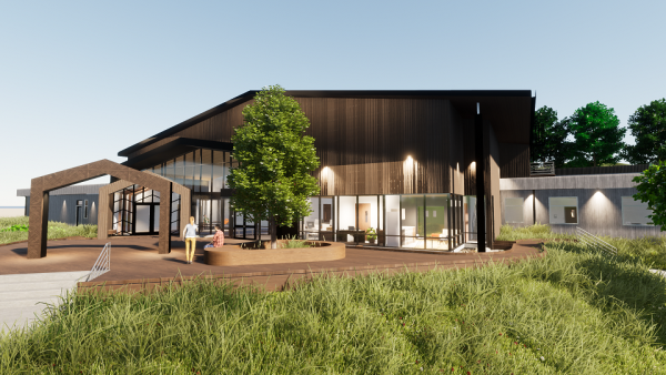 Artist impression external view of replacement facility. Shows the front of  the building and entranceway